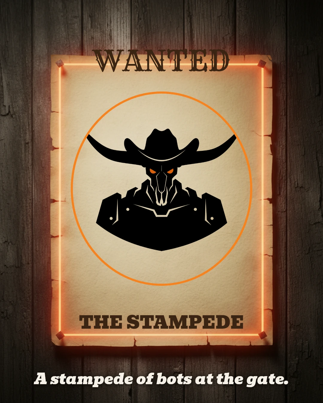 WANTED poster: The Stampede, A stampede of bots at the gate.