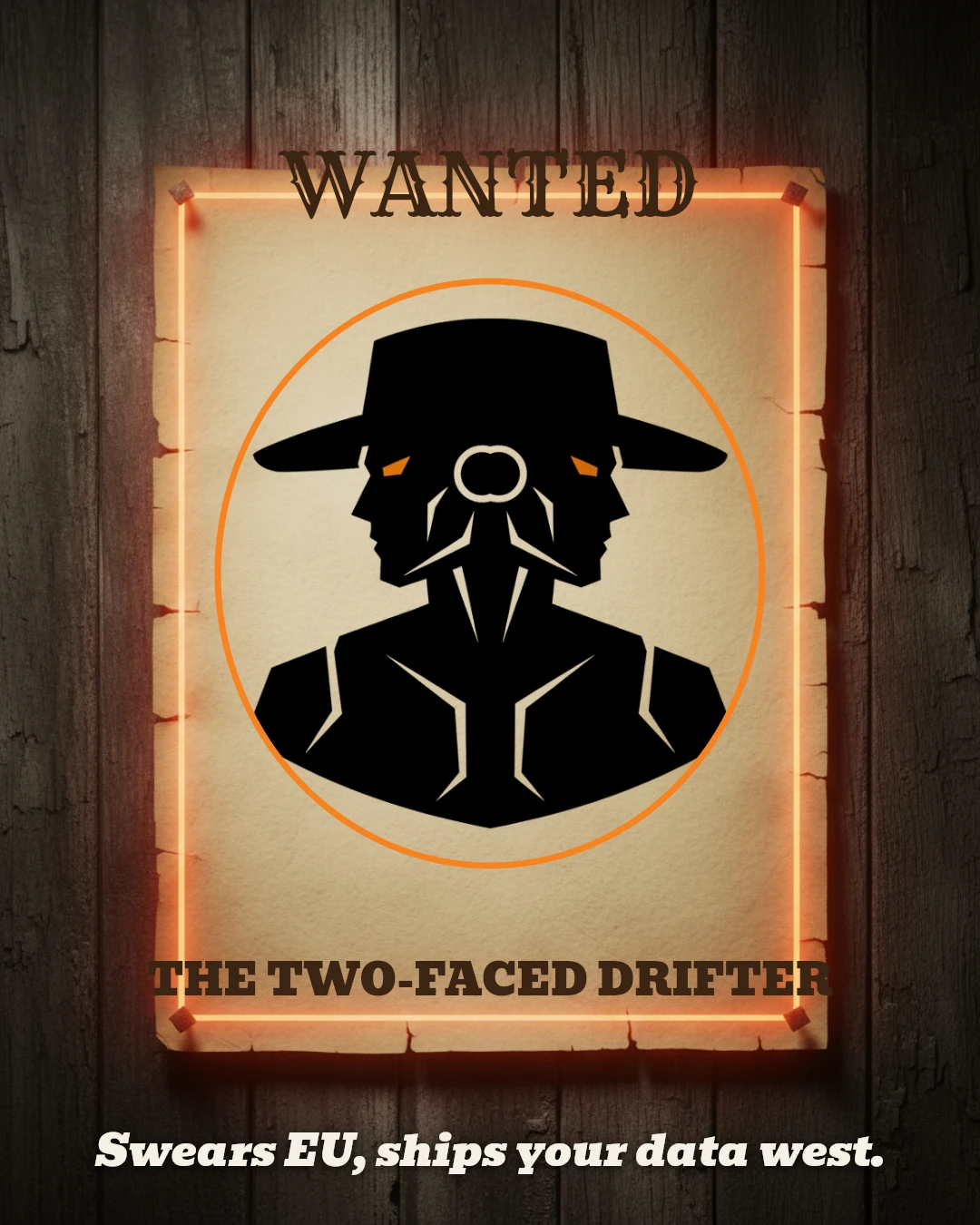 WANTED poster: The Two-Faced Drifter, Swears EU, ships your data west.
